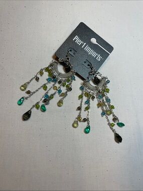 Pier 1 Silver-Tone Multi-Bead Cascade Earrings with Green, Teal & Yellow Drops